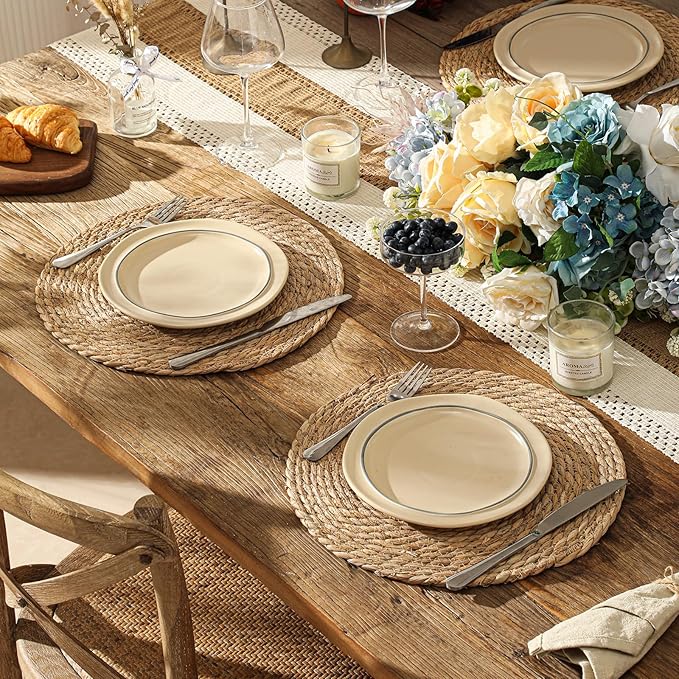 Round Woven Placemats Set of 6, 13.5'' Boho Rattan Chargers for Dinner Plates, Rustic Wicker Place Mats, Straw Braided Table Placemats, for Dining Table Decor, Wedding, Farmhouse and Home Decor