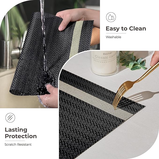 Leetaltree Sparkling Black Vinyl Woven Placemats Set of 12 - Washable Dining Table Place Mats Striped, Suitable for Wedding, Anniversary, Daily Use