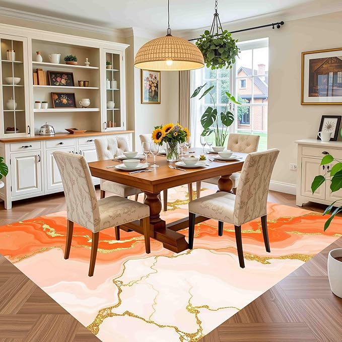 Modern Light Luxury Vibrant Art Aesthetic Deco Indoor Area Rug 10x12 Bright Orange Cream Gold Abstract Marble Texture Large Carpet for Living Room Bedroom Dining Room Soft Anti Slip Floor Mat Big Rugs