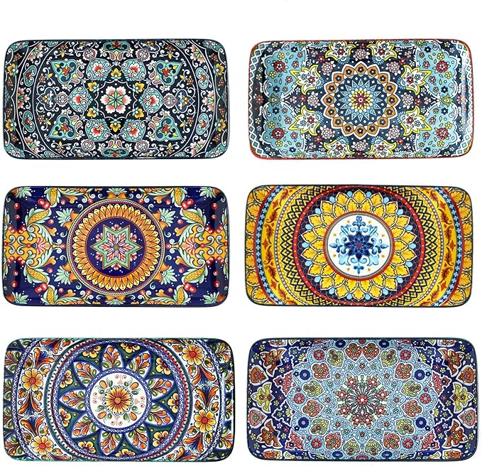 glowworm 10.5 Inch Rectangular Dinner Plates, Ceramic Salad Plates Set of 6, Porcelain Serving Platters for Dessert, Appetizer, Microwave & Oven Safe, Bohemian