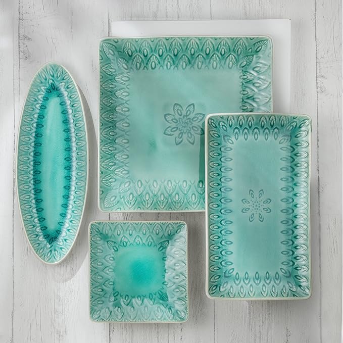 Euro Ceramica Peacock Stoneware 4-Piece 6.5''Square Appetizer Plate Set,Lagoon, (PK-20712LN)