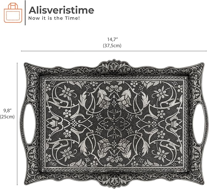 Alisveristime Ottoman Turkish Zamak Serving Tray with Traditional Motifs, Ideal for Coffee and Tea - Six Person Tray (14.5 x 9.85 in) (Black)