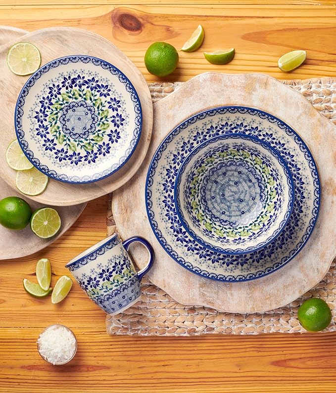 Blue Rose Polish Pottery - Blue Hallsey 16 Piece Dinner Set - 4 Place Settings - Great for Everyday Dining, Casual Dining, or as Formal Dinnerware