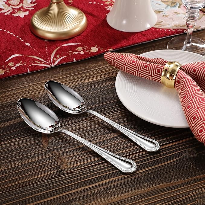 KEAWELL Pearl Edge Premium Serving Spoon Set, 18/10 Stainless Steel, 9" Fine Hostess Utensils with Refined Bead Design, Brightly Polished, Dishwasher Safe (2 Serving Spoons)