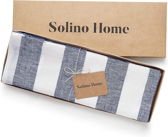 Solino Home Linen Cloth Placemats Set of 4 - Cabana Stripe 100% Pure Linen Navy and White Farmhouse Placemats 14 x 19 Inch for Christmas, Winter, New Year