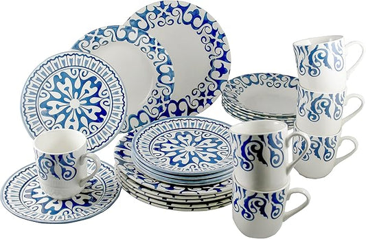 Tudor Royal Collection 24-Piece Premium Quality Round Porcelain Dinnerware Set, Service for 6 - HENNA BLUE, See 10 Designs Inside
