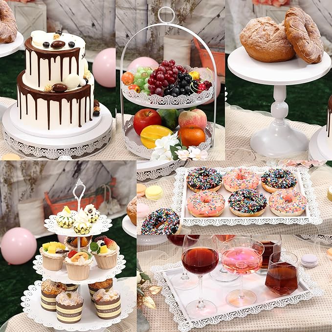 6 Pcs White Cake Stands Set, QENUIITEA Cake Display Pedestal Tiered Cupcake Holder Dessert Plate Serving Tower Tray Decorative for Wedding Birthday Party Baby Shower Celebration