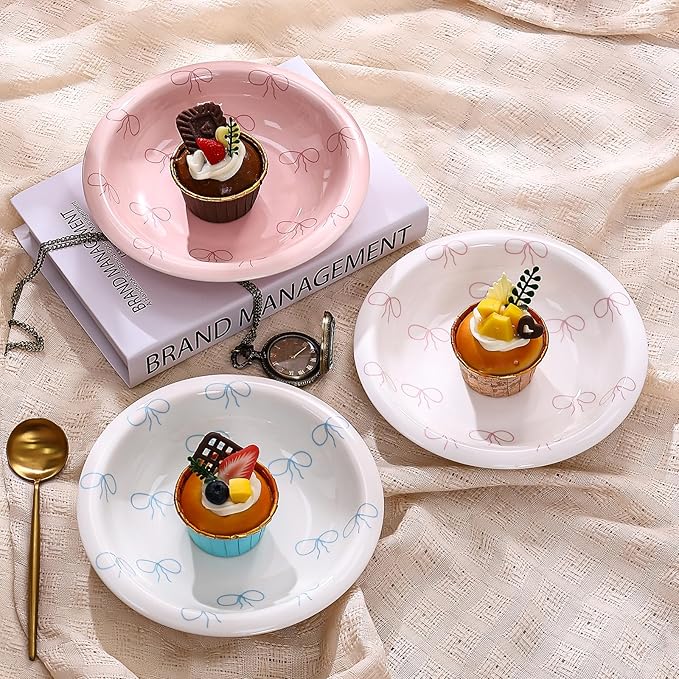 Koythin Ceramic Dessert Plates, Cute Pink Dish Bow Salad Plates for Home Party Restaurant, Round Kitchen Plates, Microwave and Dishwasher Safe (Pink Plate Bow)