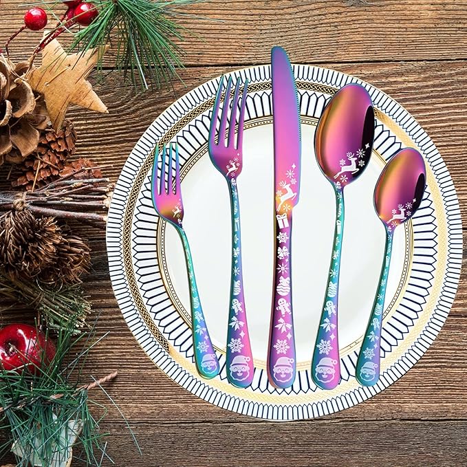 Vilihkc Christmas Style Silverware Set,20 Piece Stainless Steel Flatware Set, Kitchen Utensil Set Service for 4,Tableware Cutlery Set for Home and Restaurant,Dishwasher Safe