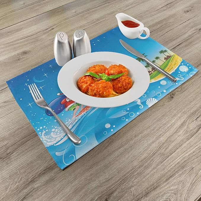 Ambesonne Christmas Place Mats Set of 4, Surfing Santa on a Wave with Sack at The Beach Tropical Night Fantasy Cartoon, Washable Fabric Placemats for Dining Table, Standard Size, Blue
