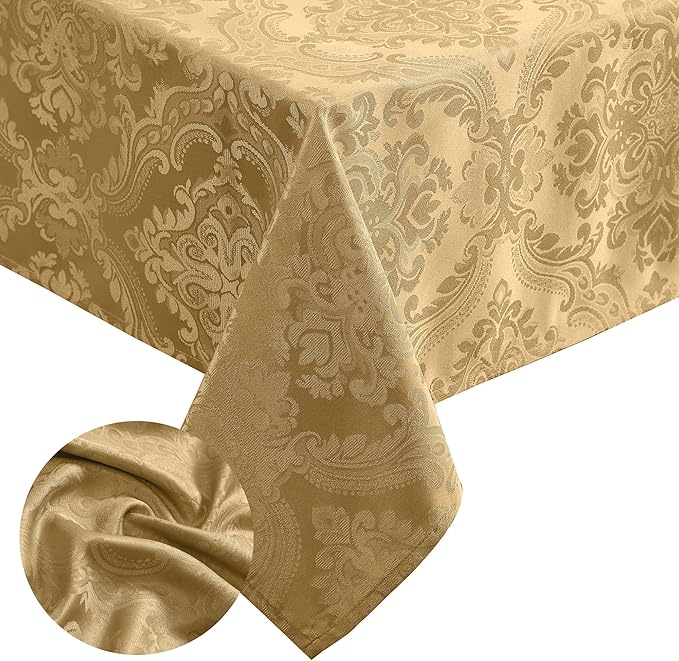 Elrene Home Fashions Caiden Elegance Damask Waterproof, Stain & Wrinkle Resistant Fabric Tablecloth, 60" x 120" Oblong/Rectangle, Gold