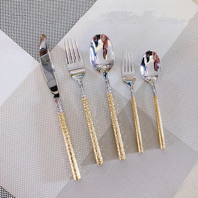 5-PCS Gold Silverware Set for 1 Hammered Handle Gold Utensils Set 18/8 Stainless Steel Flatware Curlery Set Mirror Effect Dishwasher Safe Wedding Banquet Formal Occasions ZILNEHZ