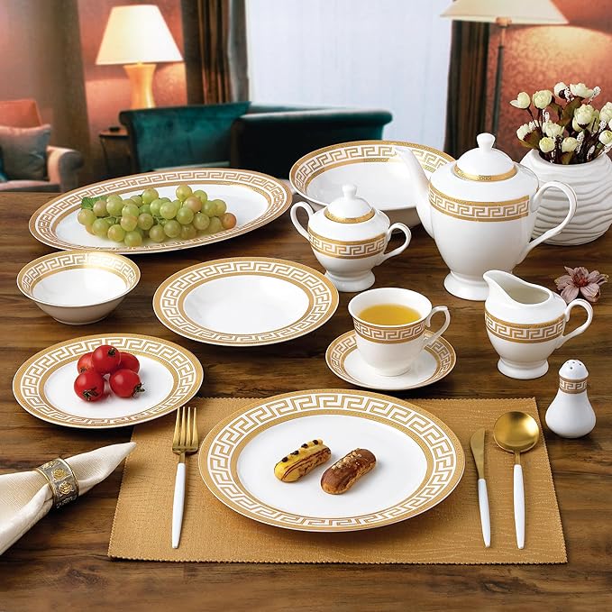 G1347-57G, 57-PCs Bone China Porcelain Dinnerware Set, Antique Greek Designed Tableware Set, Dining Table Setting for 8, Set of 57