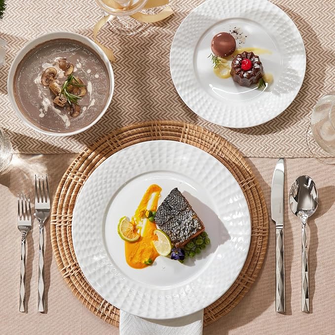 KINGSTONE Bone China Dinnerware Set, 18-Piece White Lightweight Porcelain for 6, Plates and Bowls with Rhombus patterned edge design, Microwave and Dishwasher Safe, for Family, Restaurant, Gifting