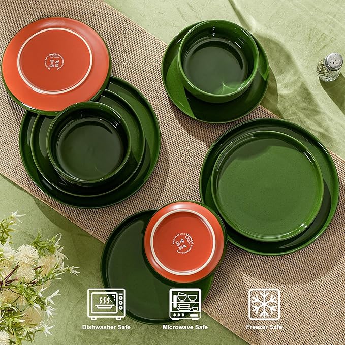 Plates and Bowls Sets, 6Piece Ceramic Dinnerware Set for Family and Gatherings,Dishes Set for 2,Dishwasher & Microwave Safe, Handcrafted Dishware Sets，Elegant Green