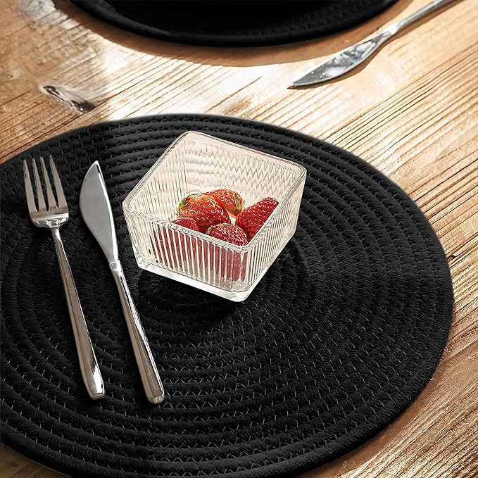 Art PineCone's Woven Cotton Rope Round Placemats Set of 4 with Holder Included, Non-Slip, and Heat Resistant Shabby Chic Placemats (Black, 13 inch Plus Coaster)