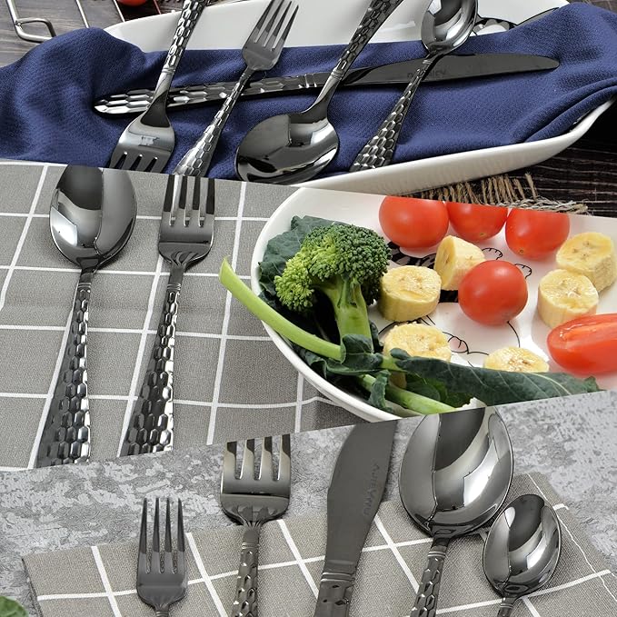 40PCS Black Silverware Set for 8, 18/10 Stainless Steel Flatware for 8, Elegant Honeycomb Design Tableware Cutlery Include Knife/Fork/Spoon Service for 8, Mirror Polished, Dishwasher Safe (Black)…