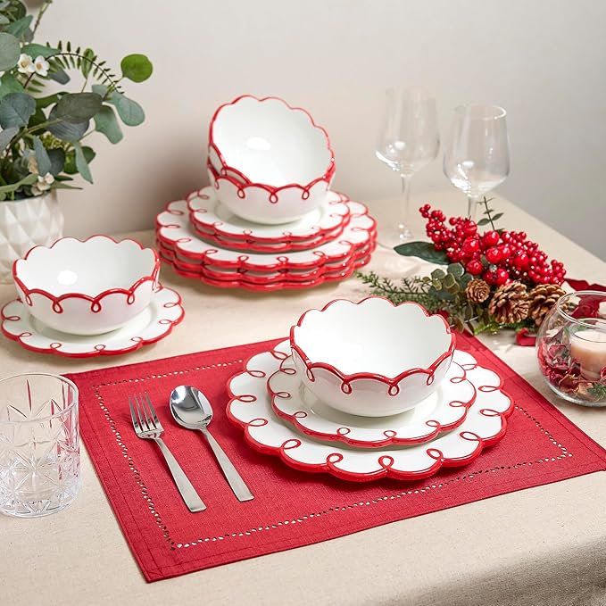 Sango 12-Piece Earthenware Dinnerware Set for 4, Glossy White Plates and Bowls Sets with Red Scalloped Rims, Premium Dish Set, Holiday Dishes for Gifting & Hosting Christmas Party, Splash of Cheers