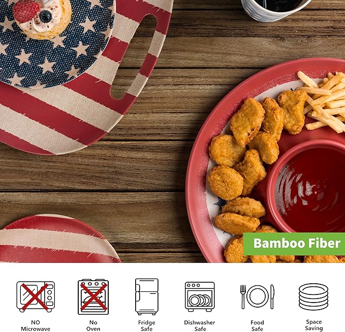 Kingen 2-Pack American Flag Serving Trays,18" Large Handled Tray & 13" Chip&Dip Platter, Stars & Stripes Dishes for 4th of July Independence Day, Picnics, BBQs & Parties (Bamboo Fiber, RBW)