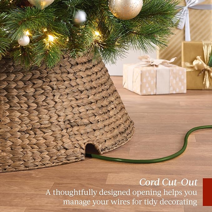Best Choice Products 24in Christmas Tree Collar, Woven Hyacinth 3-Piece Holiday Rattan Tree Skirt Accessory for Home w/Cord Cut-Out - Chestnut