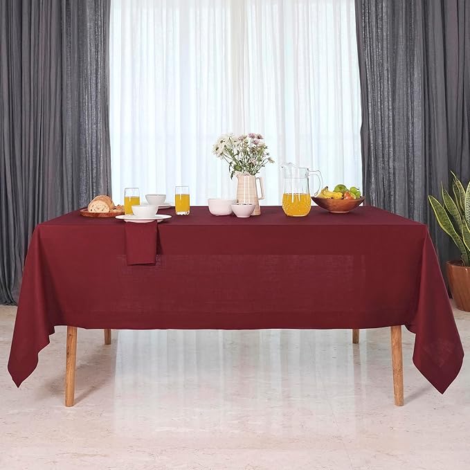 D'Moksha Homes Linen Tablecloth 60 x 90 Inch - 100% Pure Linen Dark Red Tablecloth for Rectangle Tables - Machine Washable Table Cloth for Winter, Christmas, Holiday, New Year