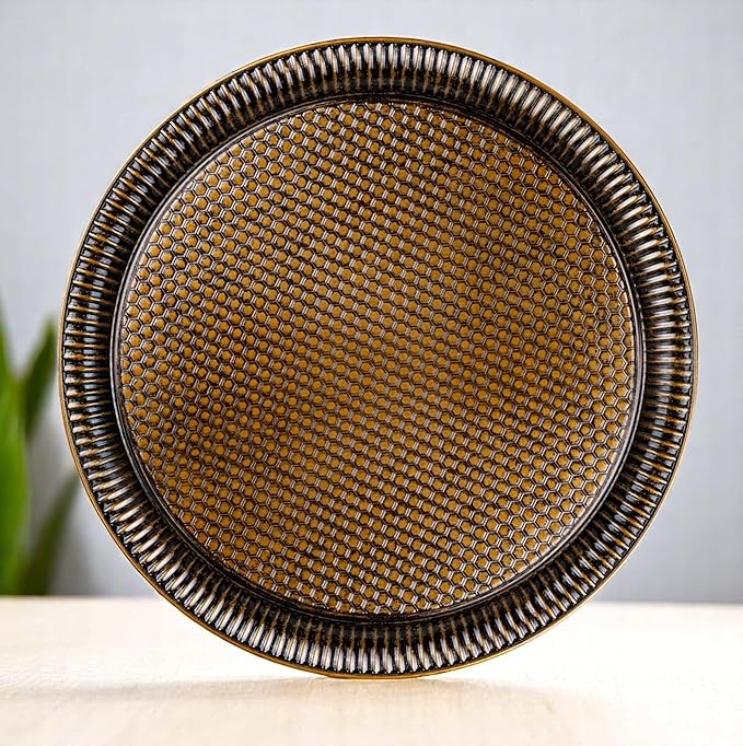 Alisveristime Round Hammered Metal Serving Tray – Ottoman Style, (11.8" Diameter, 12.6 oz) 5 Color Options (Antique Green)