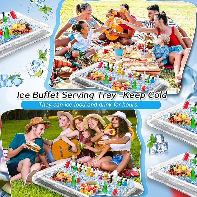 Leitee Inflatable Serving Bar with Drain Plug 52 x 24 x 5'' Inflatable Ice Serving Buffet Bar for Party Food Cooler Buffet Drink(Silver,Sequin Style)