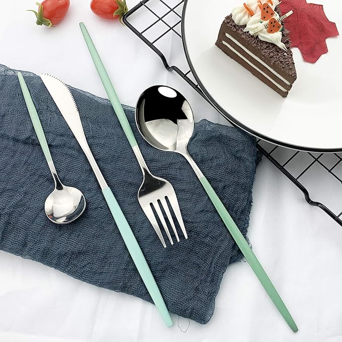 JASHII 24 Piece Titanium Mint Green Plated Stainless Steel Flatware Set, Utensils Set, Cutlery Set Service for 6 (Mint Green Handle, Shiny Silver)