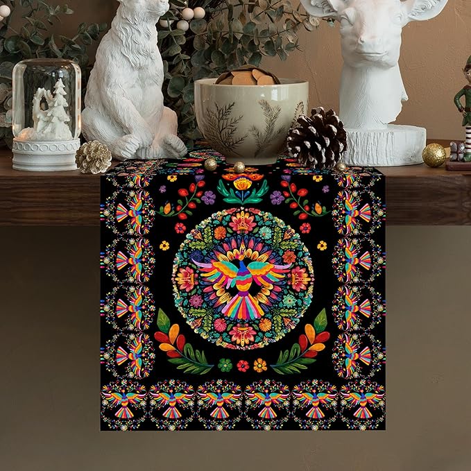 Mexican Floral Skull Table Runner Seasonal Holiday Kitchen Dining Linen Table Decoration for Indoor Outdoor Home Party Decor 13 x 72 Inch