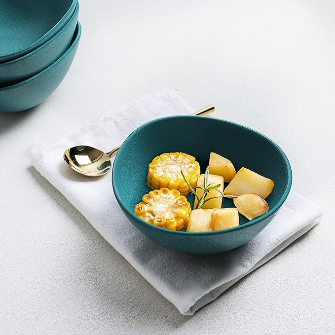 fanquare 22oz Green Matte Salad Bowls Set of 4, Porcelain Kitchen Serving Bowl for Pasta, Soup, Prep, Ramen, Microwave Safe, 6.5"