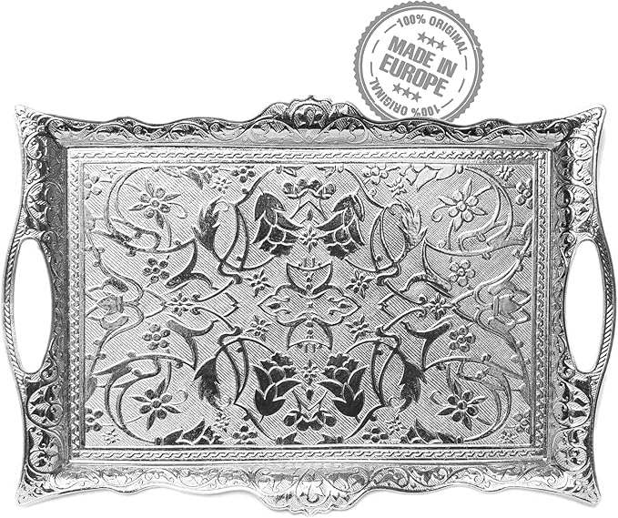 Crystalia Fancy Ottoman Serving Trays, Elegance Metal Turkish Trays for Beverage Serving, Vintage Ottoman Rectangular Tray with Handles, Decorative Turkish Tea Coffee, Dessert Table