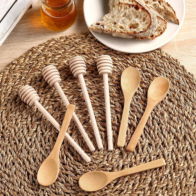 8 Pack Honey Sticks Dipper Set, 6 Inch Honeycomb Stirrer 4 Pcs with Bamboo Honey Spoons 4 Pcs, Mini Wooden Wand for Dispense Jar Drizzle and Wedding Party Decor Favors Gift