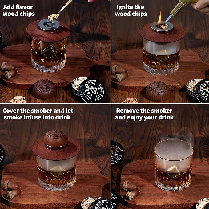 Whiskey Smoker Kit - Old Fashioned Drink Smoker Kit - Cocktail Smoker Kit with Torch, 4 Flavors Wood Chips&Whisky Stones, Bourbon Smoker Kit, Bourbon Whiskey Gifts for Men,Dad (No Butane)
