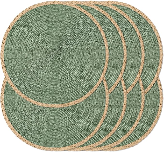 Noctiflorous Round Placemats Set of 8, 15 Inch Braided Hand Woven Table Mats, Heat Resistant Non-Slip Wipeable Thin Edge Place Mats for Kitchen Dining Indoor Outdoor Use(Green, 8)