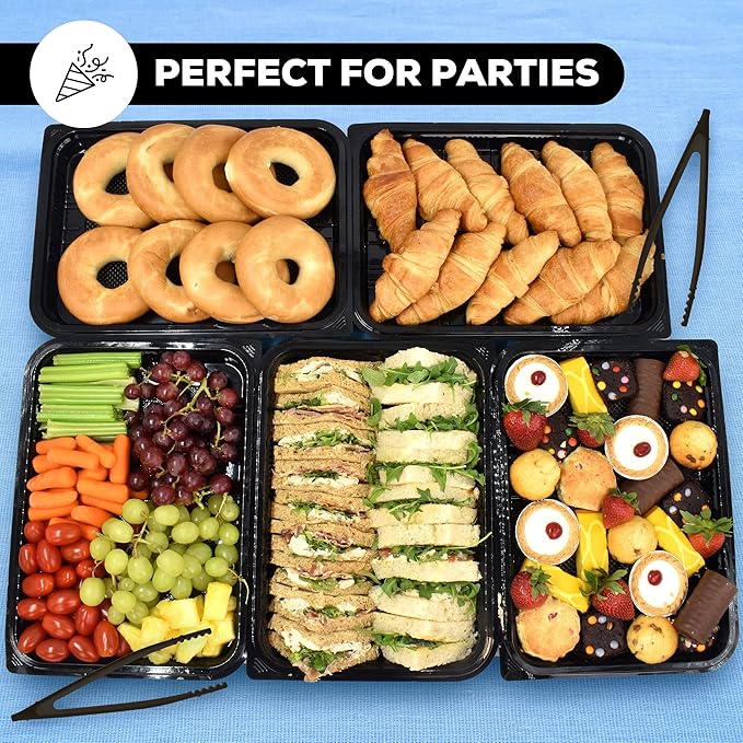 25 Pack Catering Trays with Lids – 15" Serving Tray with Lid, Heavy Duty Recyclable Plastic Party Platters for Catering, Buffet, Picnics & Events – Food Tray with Clear Lid (15.35 × 11.42 × 2.95 inch)
