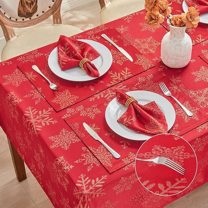 Rectangle Fancy Metallic Sparkling Snowflake Christmas Fabric Table Cloth red Hunter Gold Navy White Silver No-Iron Soil Resistant Woven Holiday Table Cover(Red Gold/60x120Inch)
