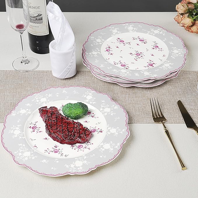fanquare 10 Inch Porcelain Dinner Plates Set of 4, Lace Dishes Set for Salad, Pasta, Soup, Dessert, Pink Roses