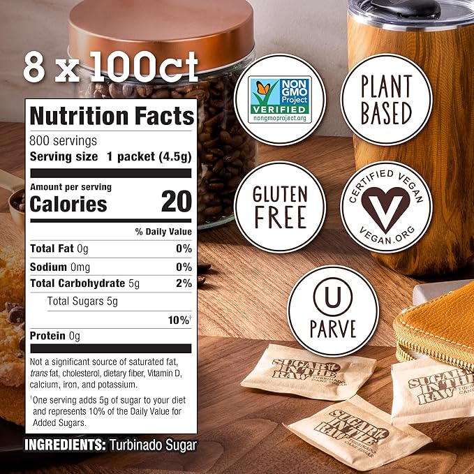 Sugar In The Raw Granulated Turbinado Cane Sugar On The Go Packets, Pure Natural Sweetener, Hot & Cold Drinks, Coffee, Cooking, Baking, Vegan, Gluten-Free, Non-GMO, 100 Count Packets (8-Pack)
