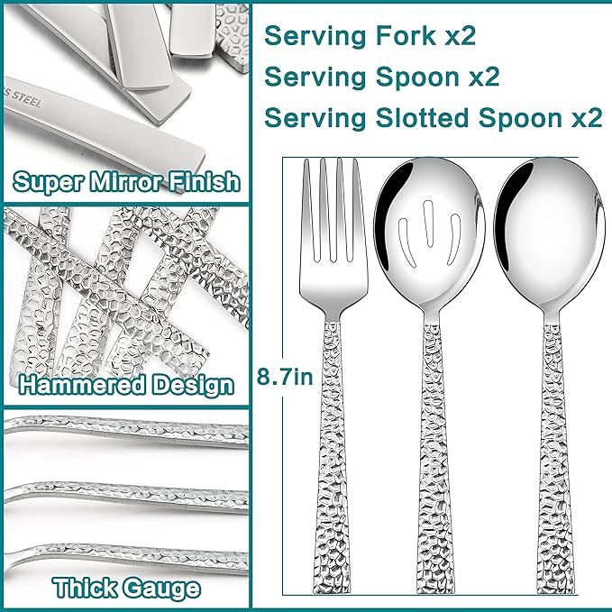 E-far Hammered Serving Utensils Set of 6, Stainless Steel 8.7 Inch Square Hostess Serving Set, Metal Serving Spoon Slotted Spoons Forks for Party Buffet Catering, Mirror Finished & Dishwasher Safe
