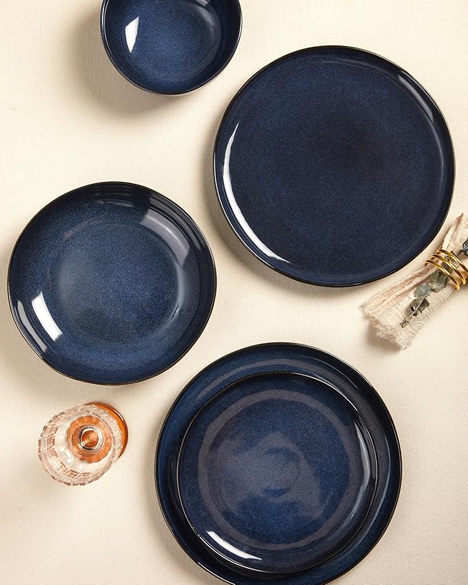 8 Inch Salad Plates Set of 6, Dessert & Side Plates with Wavy Rim-Stoneware, Dishwasher & Microwave Safe, Ceramic Plate Set, Starry Blue