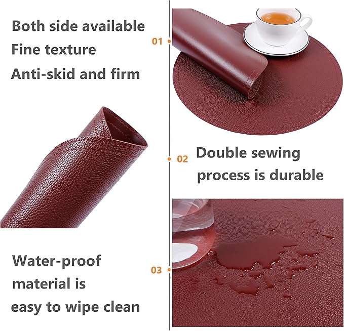 Faux Leather Round Placemats and Coasters, Coffee Mats Kitchen Table Mats, Waterproof, Easy to Clean for Round Table, Dining Table