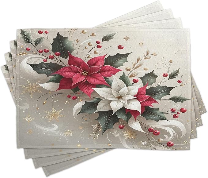 Ambesonne Christmas Place Mats Set of 4, Traditional Xmas with Poinsettia Flowers Ornate and Snowflakes, Washable Fabric Placemats for Dining Table, Standard Size, Pale Vermilion and Grey Teal