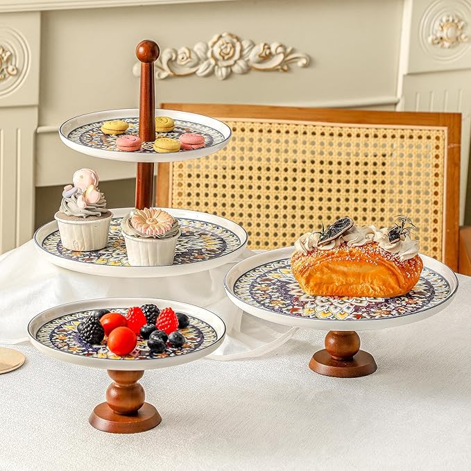 Ceramic Cake Stand with Elegant Wood Curved Footed, 10” Versatile Dessert Stand, 2-in-1 Dessert Table Display Set & Charcuterie Board for Birthday/Kitchen/Party/Charcuterie, Blue