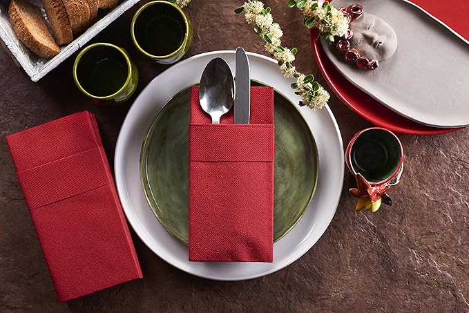 Red Dinner Napkins Cloth Like with Built-in Flatware Pocket, Linen-Feel Absorbent Disposable Paper Hand Napkins for Kitchen, Bathroom, Parties, Weddings, Dinners or Events, Pack of 50