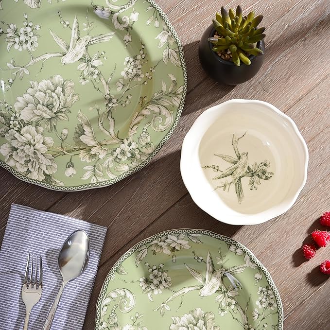 222 Fifth Adelaide Sage Porcelain 12-Piece Dinnerware Set – Service for 4, Includes Dinner Plates, Salad Plates & Cereal Bowls, Durable Porcelain, Dishwasher Safe, for Everyday Dining & Entertainment