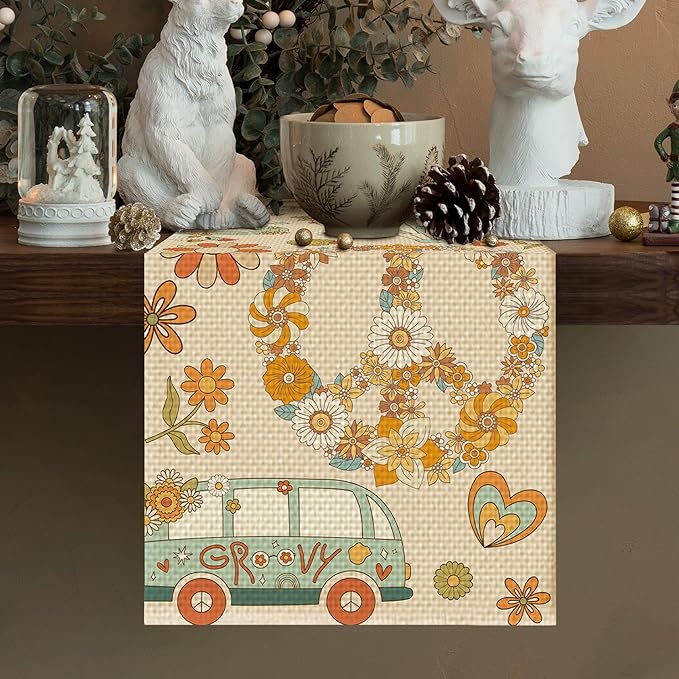 Retro Flowers Table Runner Seasonal Holiday Kitchen Dining Linen Table Decoration for Indoor Outdoor Home Party Decor 13 x 72 Inch