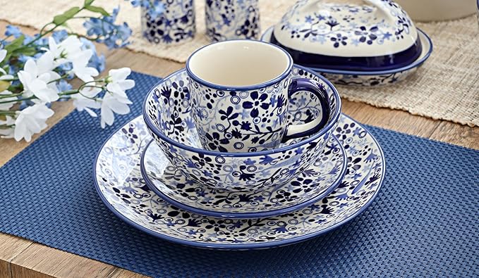 Blue Rose Polish Pottery - Blue Darcy 16 Piece Dinner Set - 4 Place Settings - Great for Everyday Dining, Casual Dining, or as Formal Dinnerware