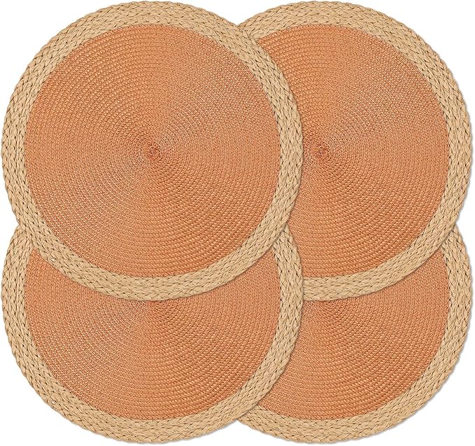 Noctiflorous Round Placemats Set of 4, 15 Inch Braided Hand Woven Table Mats, Heat Resistant Non-Slip Wipeable Wide Edge Place Mats for Kitchen Dining Indoor Outdoor Use(Orange, 4)