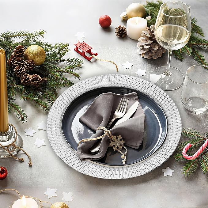 Set of 6 Silver Charger Plates 13 Inch, Round Plastic Chargers for Dinner Plates, Shiny Decorative Serving Platters for Banquet, Catering, Restaurant, Home Use