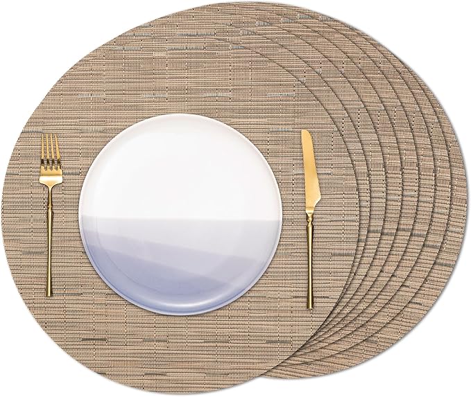 Round Placemats Set of 8 Heat Resistant Vinyl Placemats 15 inch Washable Non-Slip Table Mats Woven Place Mats for Dining Table (Light Brown, Set of 8)